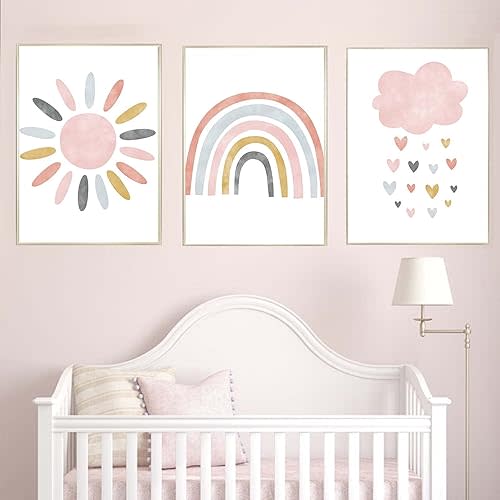 Nursery Wall Prints Pink Sunshine Rainbow Cloud Canvas Wall Art, Child Wall Art Poster Boho Nordic Wall Pictures for Girls Baby Kids Room Decor, Set Of 3 Cute Cartoon Prints Girls Room Wall Decor