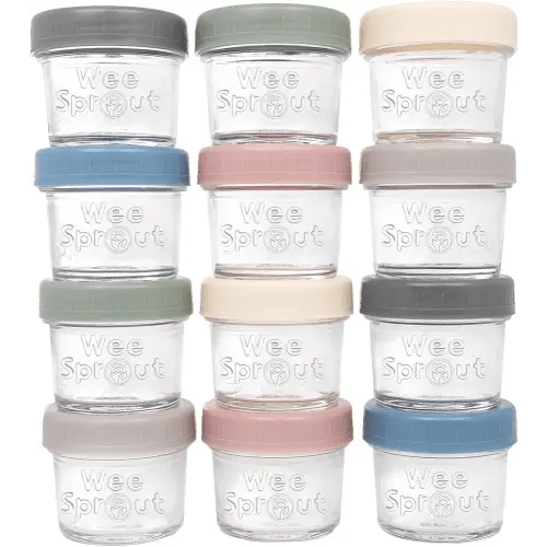 WeeSprout Glass Baby Food Storage Jars w/Lids (4 oz, 12 Pack Set) Snack, Puree, Reusable Small Containers, Breast Milk, Fridge or Freezer, Microwave & Dishwasher Safe, Essential Must Have for Infants