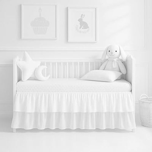 Mattress-Homes Crib Skirt Multi Ruffle, Dust Ruffle Adjustable Fit Standard Crib Nursery Mini Crib Toddler Breathable Skirt for Baby Boys or Girls,(White Solid - 24" x 38"/10" Drop)