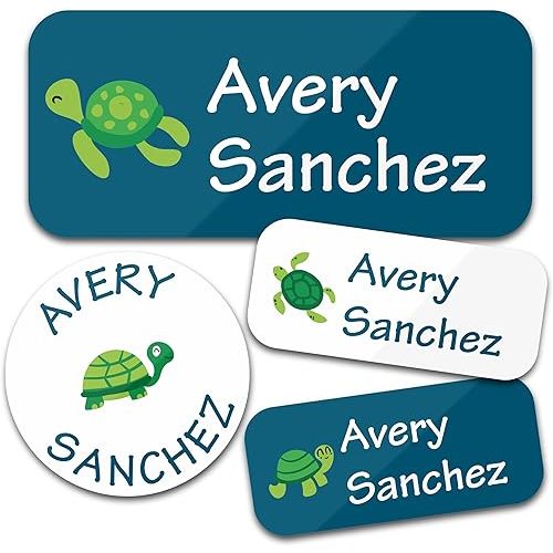Personalized Daycare Name Labels for Kids (130 Labels) - Custom Waterproof Name Stickers for Clothing Tags, Water Bottles, Lunch Boxes and School Supplies (Turtles)
