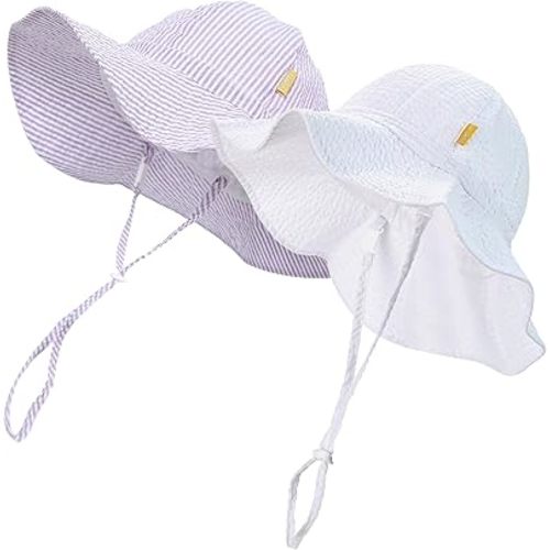 Baby & Toddler Wide Brim Sun Hats UPF 50+ Sun Protection Bucket Cap Cute Adjustable Hat in Seersucker