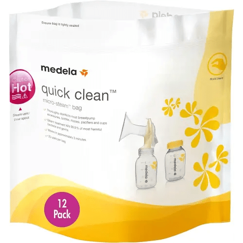 Medela Quick Clean MicroSteam Bags, Sterilizing Bags for Bottles Breast Pump Parts Eliminates 99.9 of Common Bacteria Germs Disinfects Most Breastpump Accessories, Yellow, 12 Pack