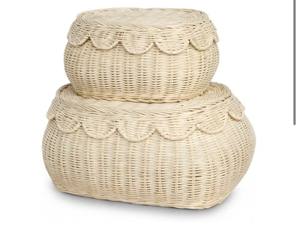BEBE BASK The Original Scalloped Basket Set Of 2 – Small Scallop Basket - 15 x 11 x 6 In - Hand-Woven & Award-Winning - Elegant Wicker With Scalloped Edge Lid - Nursery Storage - (Natural)