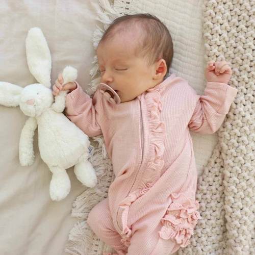Lovely Pink Waffle Bamboo Zipper Ruffle Footie