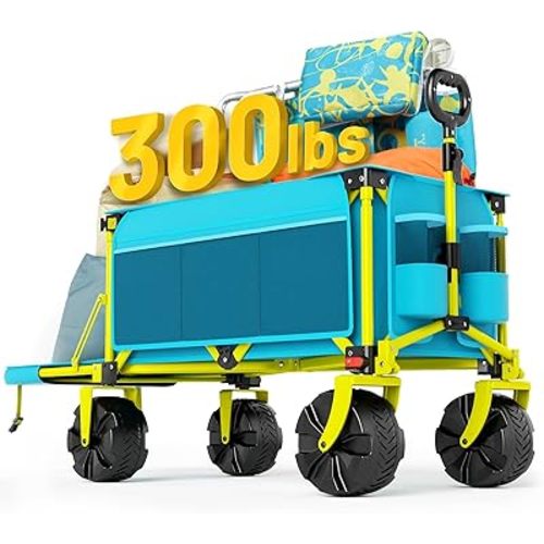 49 Inch Extra Long Beach Wagon with Big Wheels for Sand, Collapsible Utility Beach Cart Heavy Duty Folding Wagon,Ideal for Outdoor Sand Camping Garden Pet