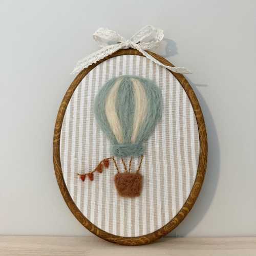 Needle Felted Hot Air Balloon Nursery Decor – Handmade Baby Shower Gift – 7.5&quot; Embroidery Hoop Wall Art with Lace Bow- Mothers Day