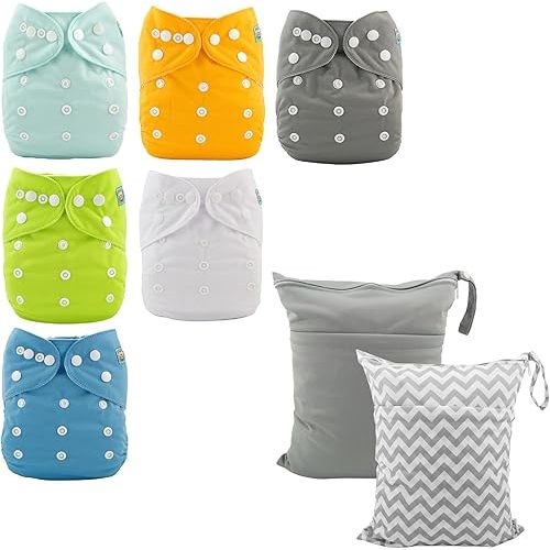 ALVABABY Baby Cloth Diapers 6 Pack with 12 Inserts with 2pcs Cloth Diaper Wet Dry Bags