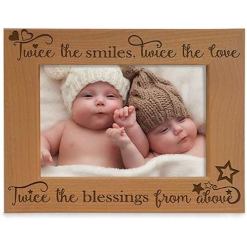 KATE POSH - Twice The Smiles, Twice The Love, Twice The Blessings from Above - Engraved Natural Wood Photo Frame - Twins Picture Frame, Twins Gifts for Babies, Twins Gifts for mom (5x7-Horizontal)
