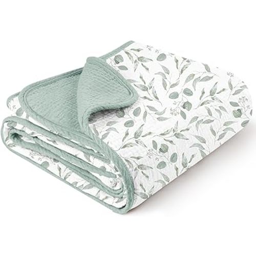 Konssy Muslin Baby Blankets for Girls Boys, 100% Cotton Crib Blanket for Infant Toddler, Super Soft and Lightweight Nursery Swaddling Wrap 40"x36" (Green Leaves)