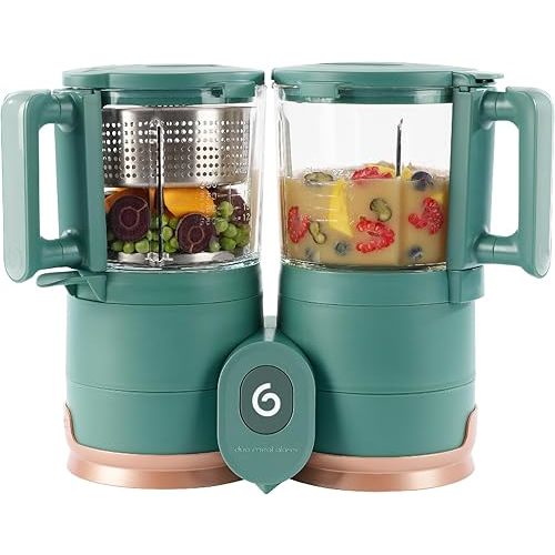Babymoov Duo Meal Glass Food Maker - Baby Food Processor with Built-in Glass Steamer, Stainless Steel Basket, and Glass Blender (Over 6 Cup Capacity), Dark green