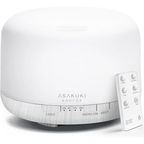 ASAKUKI 500ml Premium Essential Oil Diffuser with Remote Control, 5 in 1 Ultrasonic Aromatherapy Fragrant Oil Humidifier Vaporizer, Timer and Auto-Off Safety Switch (White)