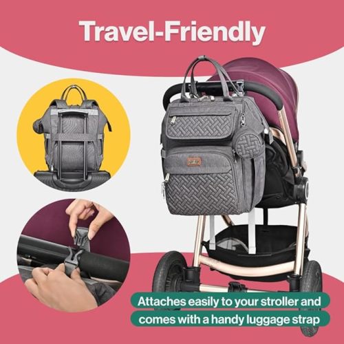 BabbleRoo Diaper Bag Backpack, Multifunction Large Bags with Changing Pad & Stroller Straps & Pacifier Case, Unisex Stylish Travel Back Pack Nappy Changing Bag for Moms Dads (Dark Gray)