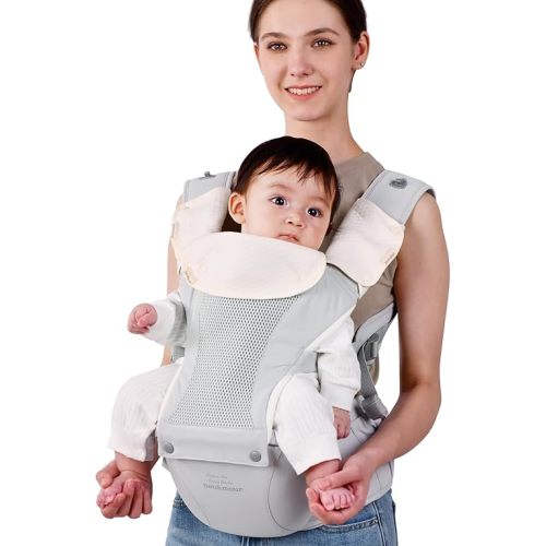Bebamour Baby Carrier with Hip Seat,All-Position Breathable Mesh Hip Seat & Carrier 0-36Months with Head Hood, 3 PCS Teething Pads, Waist Extender,Storage Bag & Pacifier Case (Grey)
