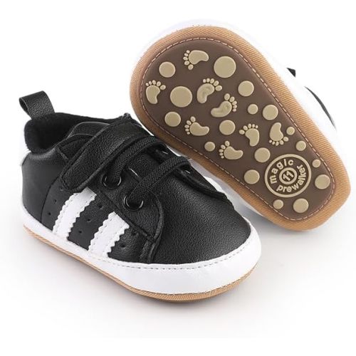 Newbron Baby Boys Girls Retro Sneakers Pu Leather Rubber Sole Walking Shoes Toddler Non-Slip First Walkers Infant Slippers Crib Shoes