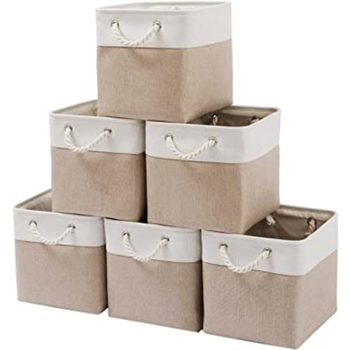 MidmmVick 11 x 11 Inch Cube Storage Bins, 6 Pack Large Collapsible Fabric Storage Bin with Ropes, Foldable Storage Cubes for Home, Office,Closet, Clothes, Toys Organizer (White & Beige-11"x11"x11")
