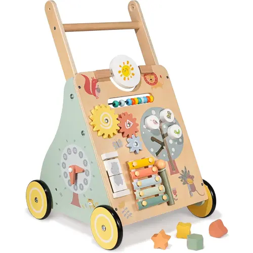 Wooden Baby Walker, Multiple Learning Activities Center Develops Motor Skills for Infant to Toddler, Push and Pull Walkers with Wheel for Boys Girls (ZOO)