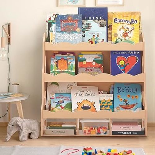 Wooden Kids Bookshelf, Book Shelf for Kids Rooms w/Scalloped Edges, Durable Childrens Bookshelf with 3 Cube Bins for Books & Toys - Toddler Bookshelf Rack - Baby Book Shelf Nursery