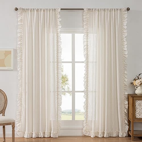 Farmhouse Curtains for Bedroom Living Room 2 Panels Set Linen Ruffle Curtains 96 Inches Long, Rod Pocket Privacy Light Filtering Semi-Sheer Cottage Flowy Scalloped Edge Curtain Drapes, 58 x 96 Inch