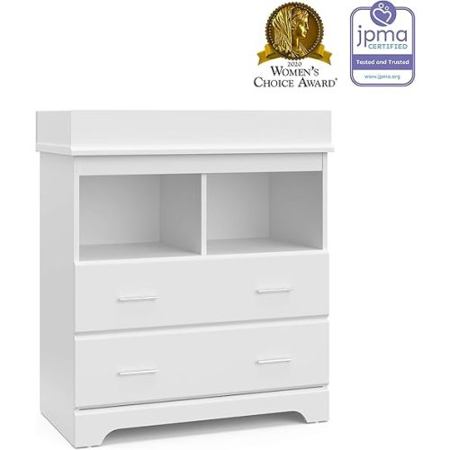 Storkcraft Brookside 2 Drawer Changing Table Dresser (White) – GREENGUARD Gold Certified, Easy-to-Match Chest of Drawers and Cubbies for Nursery and Kids Bedroom, Includes Changing Table Topper