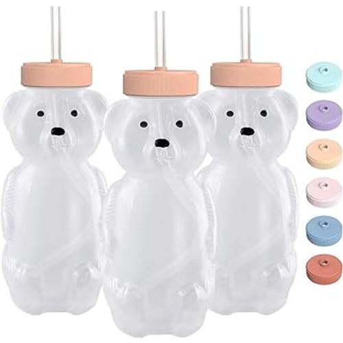 Honey Bear Straw Cups for Babies 3 pack, 8oz honeybear straw cup with improved safety lid design, Straw learning therapy cup. Leak-Proof & Food-Grade & BPA Free (PURPLE)
