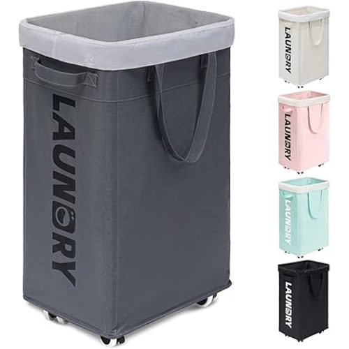 Goodpick Laundry Basket with Wheels, Laundry Hamper with Removable Wash Bag, Clothes Hamper, Rolling Laundry Basket, Dorm Room Essentials, 75L, Grey