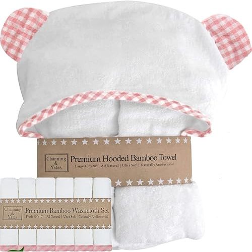 Channing & Yates Premium Hooded Baby Towel + (6 Piece) Washcloth Gift Bundle - Organic Viscose Made from Bamboo Baby Towels - (Pink Gingham Bundle)