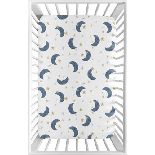 Sweet Jojo Designs Boy or Girl Gender Neutral Unisex Baby Fitted Mini Crib Sheet Bear and Moon Blue Gold and Grey