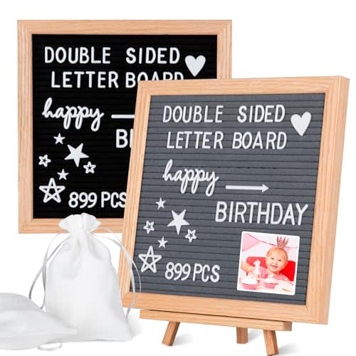 YRYM HT Double Sided Felt Letter Board with 889 Letters - 10" x 10" Rustic Wood Frame Message Board with Changeable Letter Boards Include Pre-Cut 889 White Plastic Letters