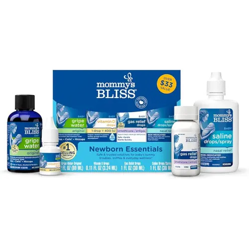 Mommy's Bliss 4-Piece Newborn and Baby Essentials Kit - With Gripe Water, Gas Relief Drops, Vitamin D 400IU, and Saline Drops/Spray - The Perfect Baby Gift.
