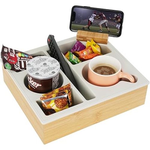 Couch Cup Holder Tray, Handy Silicone Bamboo Couch Caddy with Rotatable Phone Holder for Bed Car Seat Organizer, Waterproof Anti-Spill Sofa Cup Holder for Snacks Beverage Remote (White)