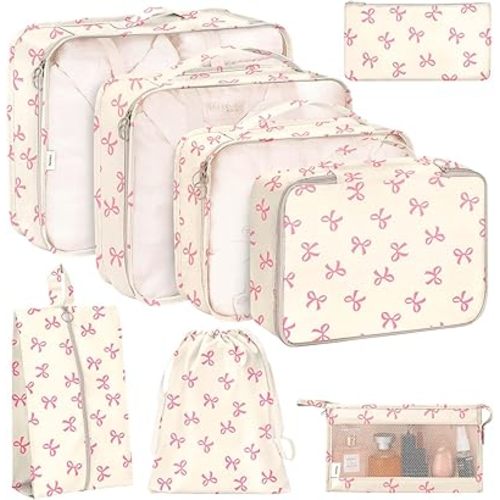 KPX 8 Set Packing Cubes for Travel, Luggage Packing Organizers Accessories Large Toiletries Bag for Clothes Shoes Cosmetics (8Set-Pink Bow)