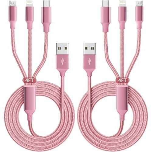 Multi Charging Cable, 3 in 1 Charging Cord for Multiple Devices, USB Cable Universal Charger with Type-C/IP/Micro USB for iPhone17-12/Android/Pad and More, Car Charger Travel Essentials(2Packs 4FT)
