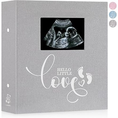 Lanpn Baby Photo Album 4x6 600 Pockets, Linen Cover Ultrasound Album, Sonogram Picture Album, Newborn Bebe Memory Book Photobook with Front Window, Gift for Boy Girl Baby Shower Birthday Grey
