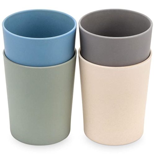 WeeSprout Bamboo Toddler Cups - 4 pc Set (10 fl oz), Organic & Non-Plastic Cup Pack for Toddlers, Big Kids or Baby, Natural - 10 oz (Without Lids) - Blue, Green, Gray, & Beige