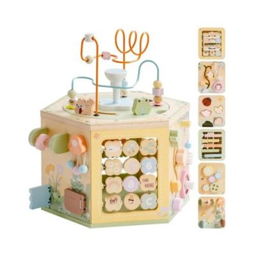 Robotime Baby Activity Gyms Wooden Activity Cube Toy For Toddlers With 13 In 1 Montessori Design And Educational Features, Yellow, 12.8"*12.8"*14.8"