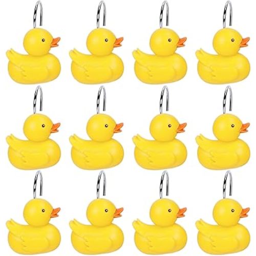 Whaline 12Pcs Yellow Duck Shower Curtain Hooks Home Decorative Duck Shower Curtain Rings Summer Cute Ducky Resin Curtain Hanger Hooks for Nursery Living Room Bedroom Bathroom Decor