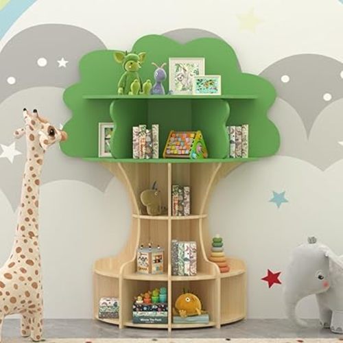 5-Tier Tree Kids Bookshelf, Toddler Montessori Shelf Book Rack, Toy and Book Storage for Kids, Wooden Children's Bookcase, Toy Storage Organizer for Preschool, Kid Room, Playroom, Nursery-001