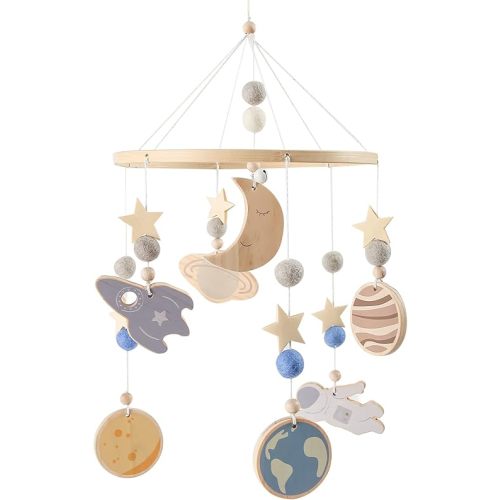 Space Nursery Mobile - Crib Mobile for Babies - Wooden Baby Mobile -Solar System Crib Mobile Astronaut Space Theme Nursery Bed Decoration,Gift for Newborn (Blue Space)