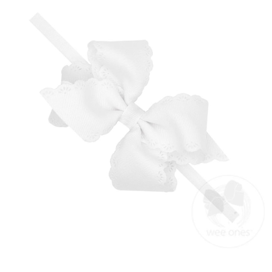 Small Grosgrain Hair Bow with Embossed Eyelet Edge on White Nylon Band - WHITE | Wee Ones Hair Bows & Accessories