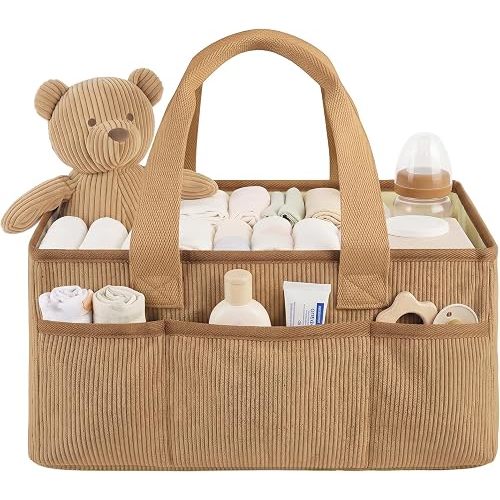 Lemoobolsa Baby Diaper Caddy Organizer with Portable Changing Mat-Portable Baby Organizers and Storage, Gift for Baby Shower, Corduroy Baby Essentials Organizer with Removable Dividers (Brown)