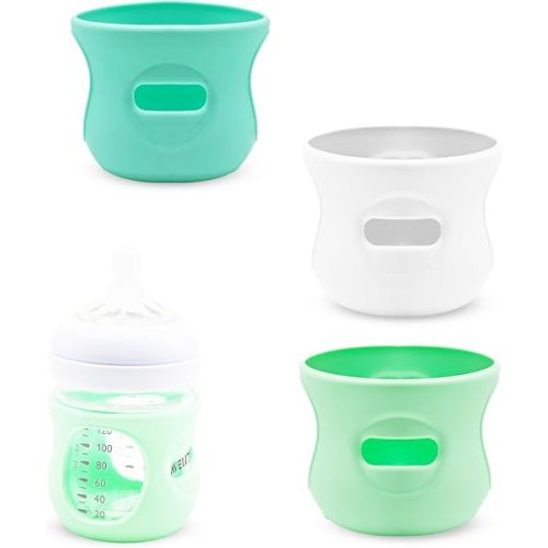 Silicone Sleeve for Philips Avent Glass Baby Bottle 4 oz, Glass Baby Bottle Sleeves, Thermal Insulation Heat Retention, Safe Soft Premium Non-Slip Silicone Cover, 3 Pack (White Green Blue, 4 oz)
