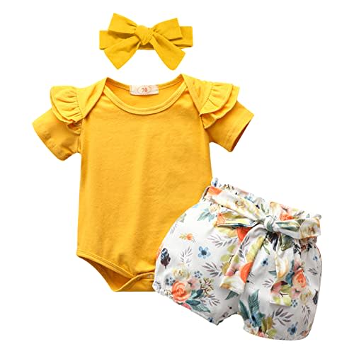 Dimoybabe 0-3 Months Baby Girl Clothes Newborn Infant Summer Outfit Cute Ruffle Romper Short Set Summer Outfits Set Yellow 70cm