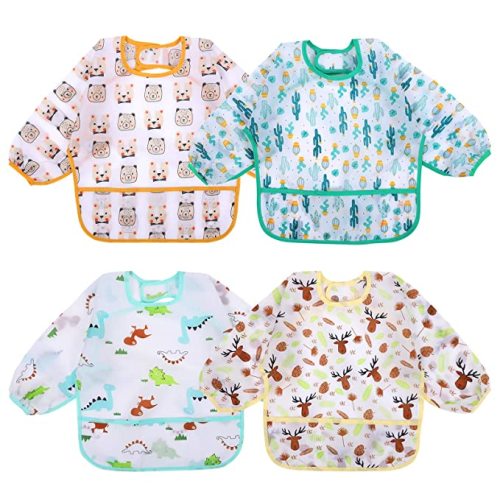 Accmor 4 Pack Long Sleeve Baby Bibs, Waterproof Sleeved Bib, Toddler Soft Bib for 6-24 Months - Orange Pig/Yellow Elk/Green Cactus/Blue Dinosaur - Medium : 6-24 Months