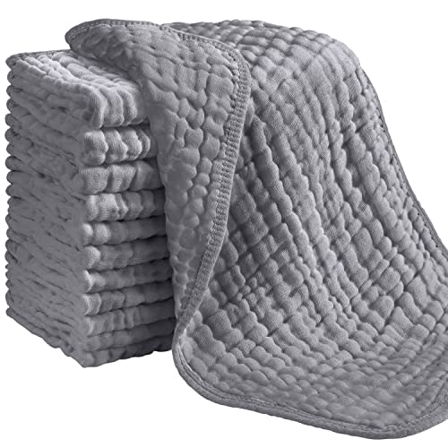 Looxii Muslin Burp Cloths 100% Cotton Muslin Cloths 12 Pack Large 20''x10'' Extra Soft and Absorbent Baby Burping Cloth for Girls (Grey)