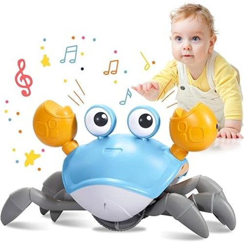 Plnlmls Crawling Crab Baby Toy, Musical Tummy Time Toys with LED Lights, Rechargeable Infant Toys, Walking Crab Essentials for 0-36 Months, Birthday Gift(Azure
