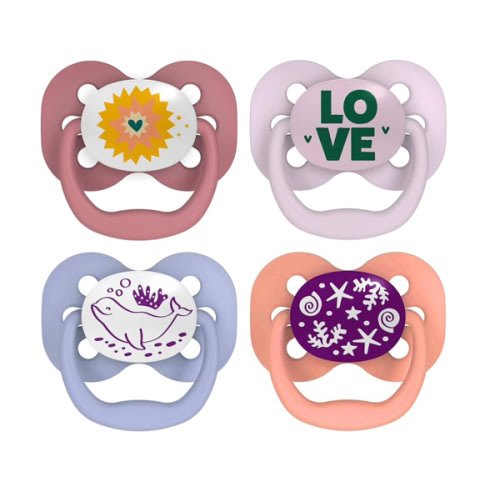 Dr. Brown's Advantage Glow-in-the-Dark Baby Pacifier, Fully Symmetrical Soother with Soft Silicone Bulb, Lavender Love-Coral Ocean, 0-6m, BPA Free, 4 Pack