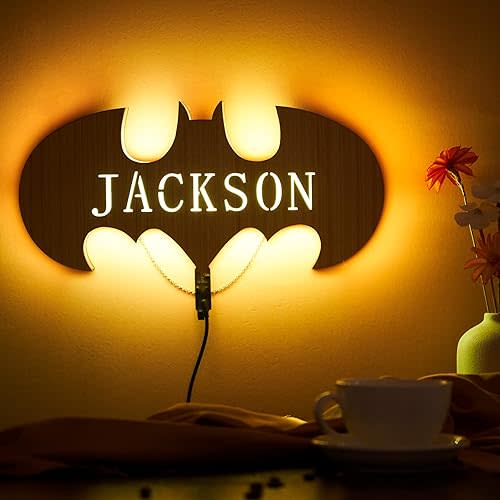 VEELU Personalized Wooden Superhero LED Lamp with Name Decor Night Light with 16 Colors Remote Control Custom Natural Wall Sconce Acrylic Engraved Wooden Kids Room Wall Lamp for Boys Friends Gift