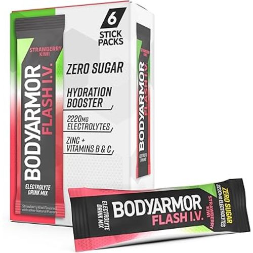 BODYARMOR Flash I.V. Electrolyte Packets, Strawberry Kiwi, Zero Sugar Drink Mix, Single Serve Packs, Coconut Water Powder, Hydration for Workout, Travel Essential, Just Add Sticks to Liquid (6 Count)
