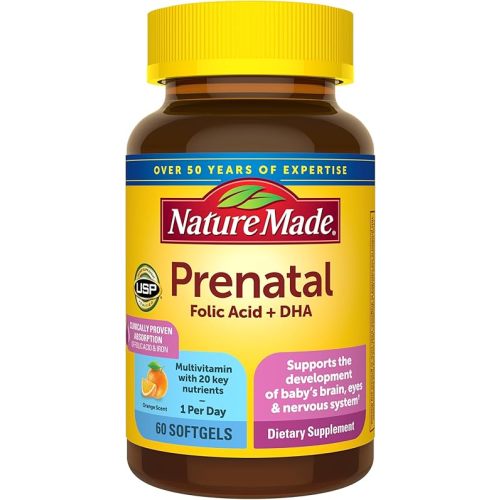 Nature Made Prenatal Vitamins for Women with Folic Acid + DHA, Prenatal Vitamin and Mineral Supplement for Daily Nutritional Support, 60 Softgels, 60 Day Supply
