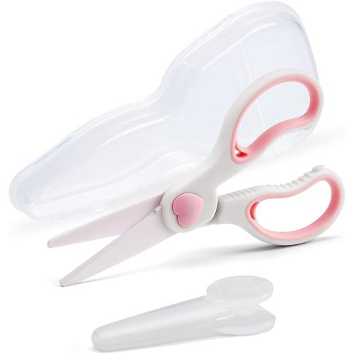 Ceramic Scissors for Baby Food Cutting, Safety Healthy BPA Free Toddler Shears with Protective Blade Cover and Portable Travel Case - Pink/White